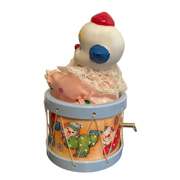 Vintage Animated Clown Music Box Circus Drum Wind Up Porcelain Pink Kitsch Toy - Picture 2 of 4